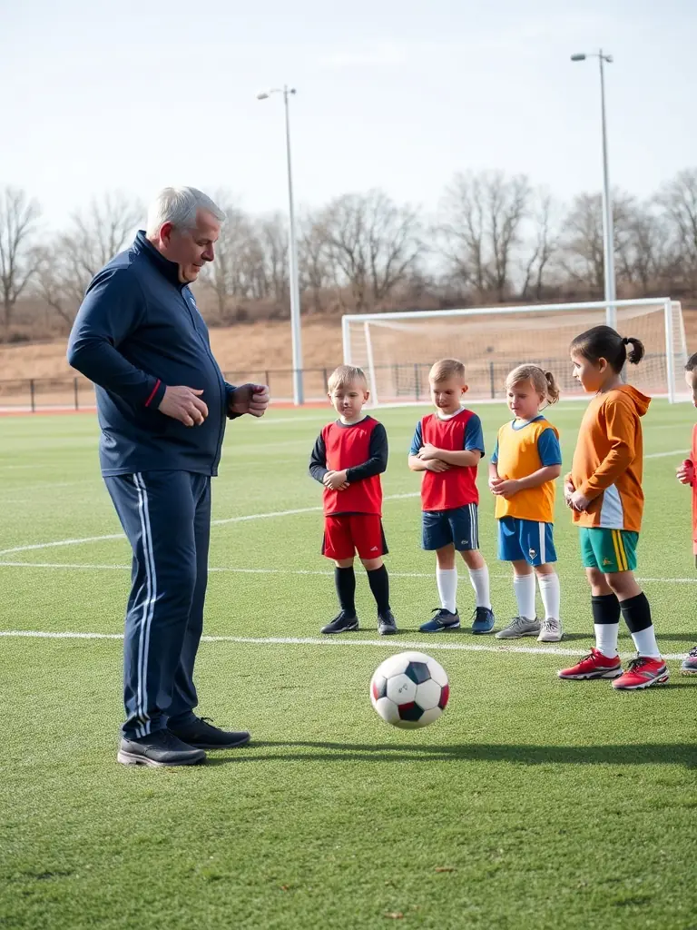 An image of a coach demonstrating a football technique to a group of attentive young players.