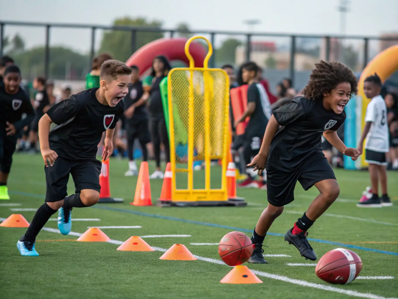 A vibrant image of young children participating in a football training session, showcasing their enthusiasm and engagement with the sport, set against the backdrop of a sunny football field.