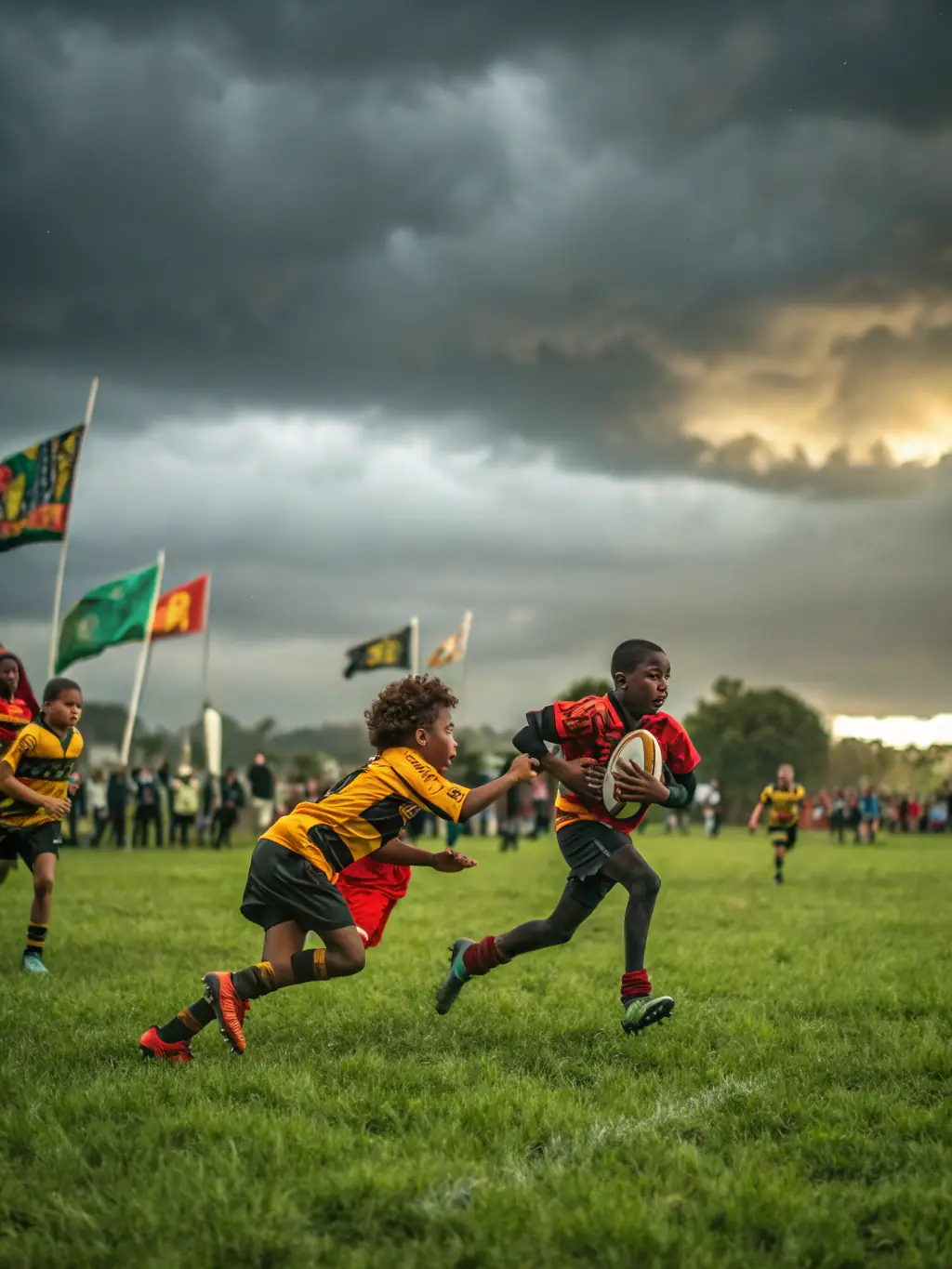 A photo of a local football tournament organized by the association, with teams competing and spectators cheering.