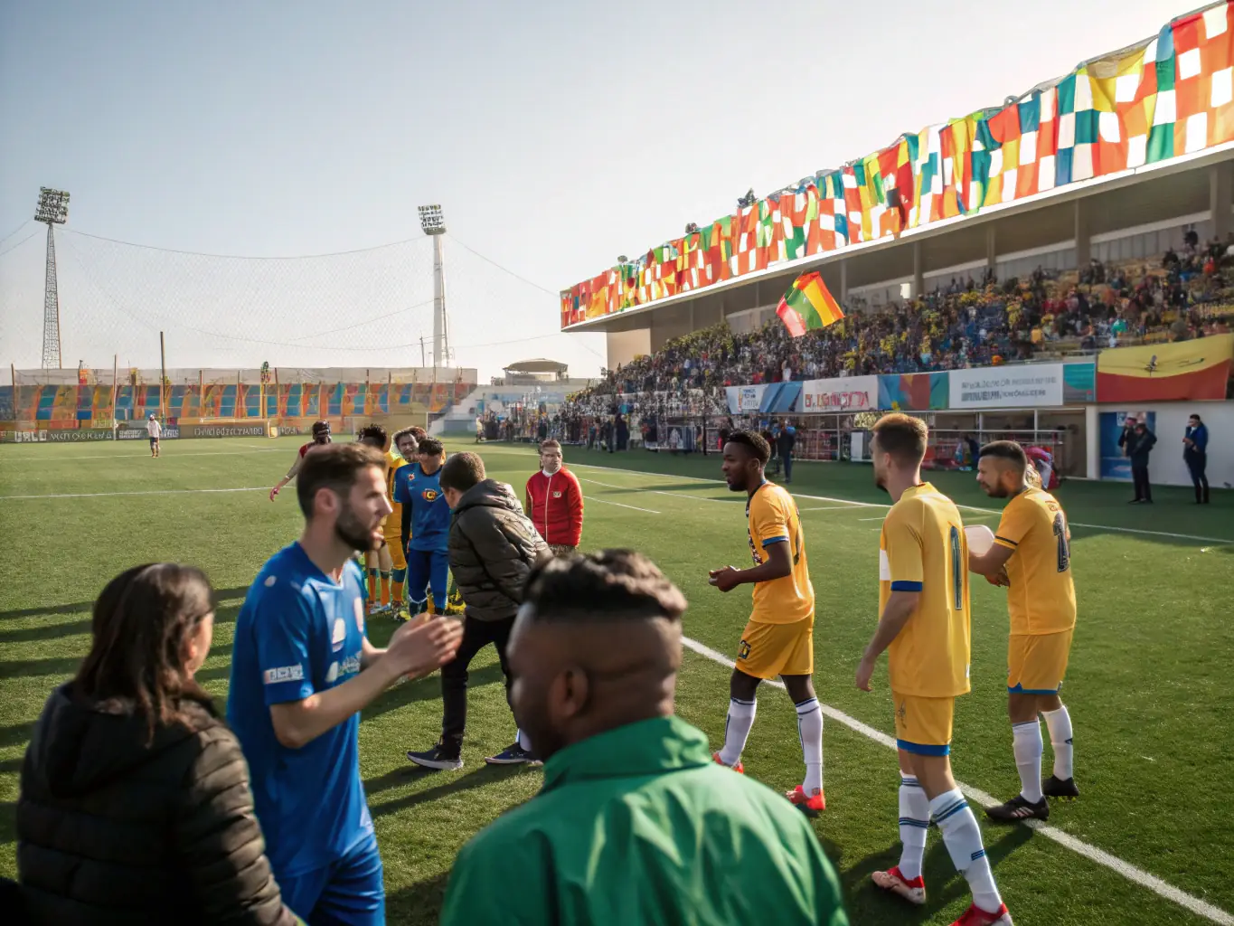 A group of community members participating in a football-related event, such as a charity match or a football clinic, highlighting the organization's commitment to community engagement.