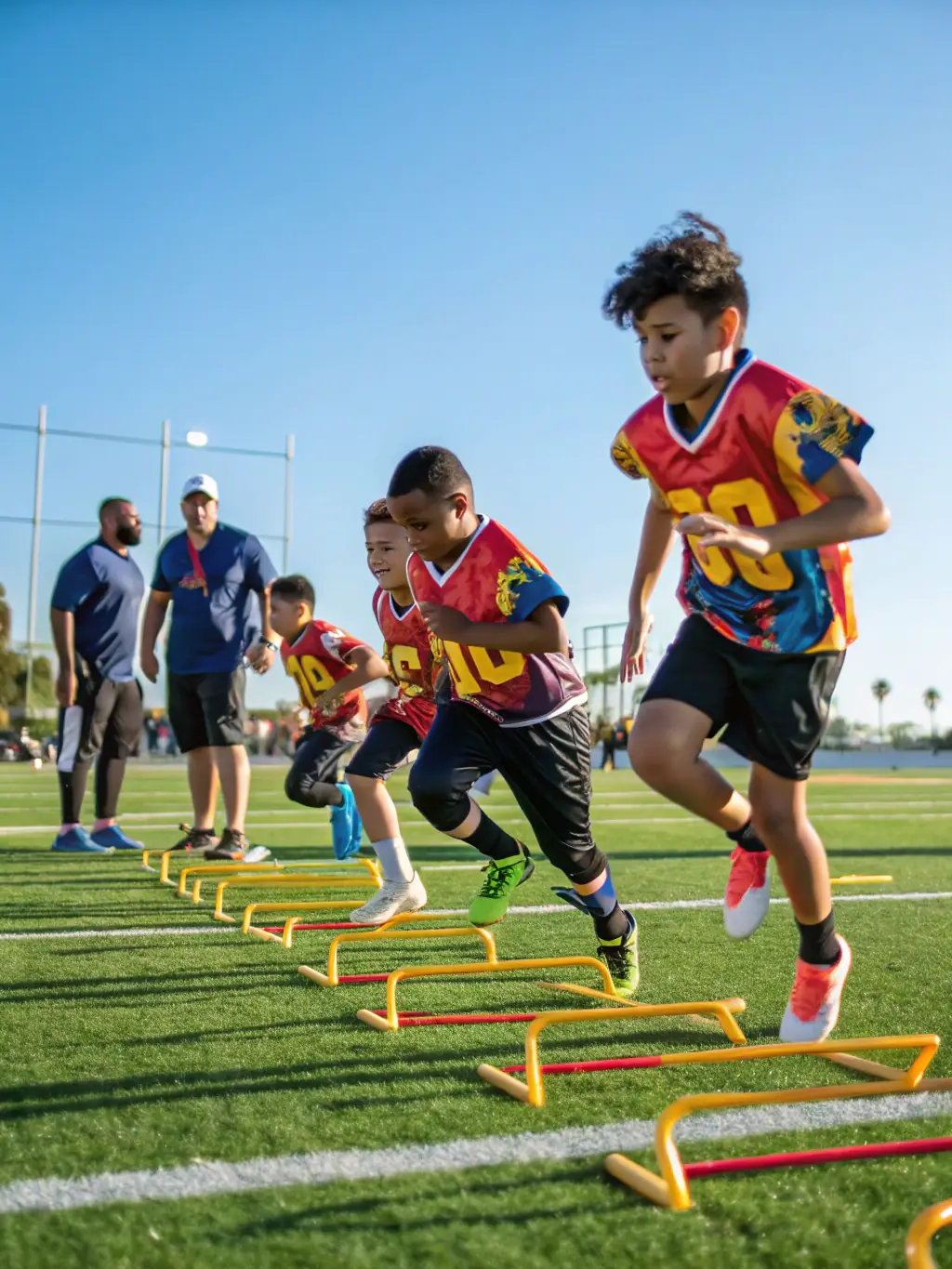 A dynamic shot of young football players in action during a training session, showcasing their energy and enthusiasm.